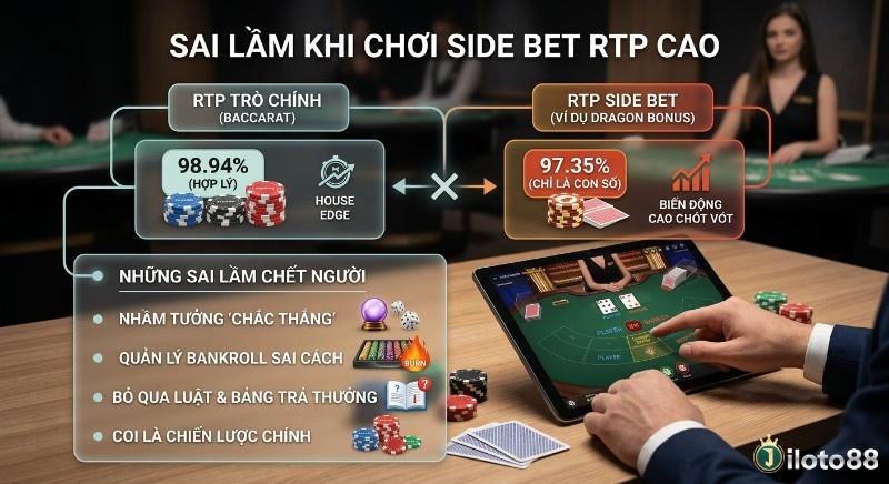 Sơ đồ so sánh RTP trò chính Baccarat và side bet, chỉ rõ House Edge, biến động cùng những sai lầm chết người khi quản lý bankroll