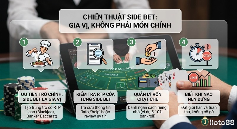 Chiến lược 4 bước tối ưu RTP side bet phổ biến: coi là gia vị, kiểm tra RTP, quản lý vốn chặt và biết điểm dừng để chơi có trách nhiệm