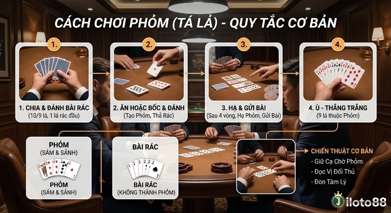 Hướng dẫn quy tắc chơi Phỏm (Tá Lả) cơ bản qua 4 bước chi tiết, bao gồm cách chia, ăn bài, hạ phỏm và ù