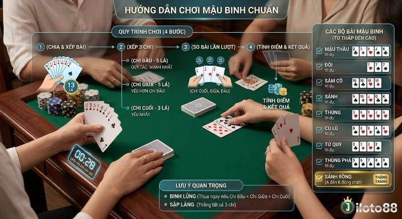 Tổng quan quy trình chơi Mậu Binh 4 bước, hướng dẫn xếp 3 chi bài và phân loại các bộ bài từ thấp đến cao