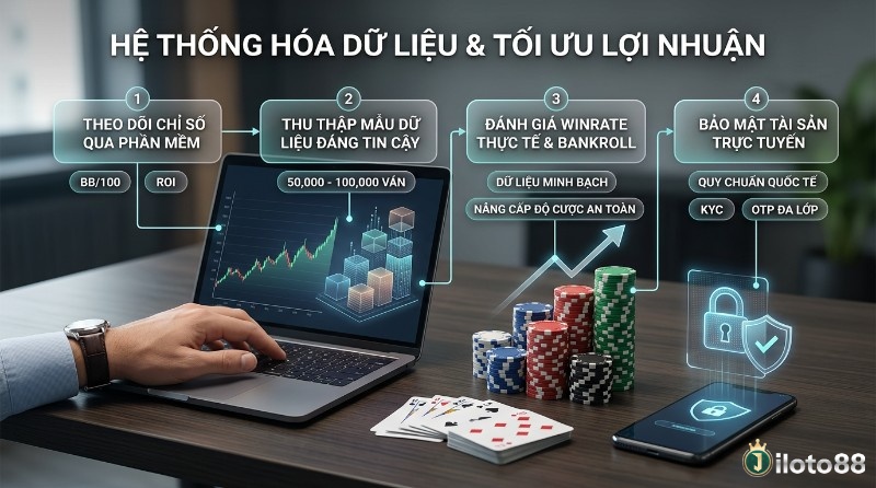 Quy trình hệ thống hóa dữ liệu poker, tối ưu lợi nhuận: theo dõi BB/100, ROI, thu thập 50,000-100,000 ván, đánh giá winrate, bảo mật tài sản