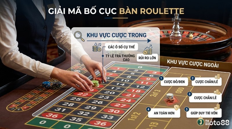 Bố cục bàn Roulette quốc tế, chi tiết khu vực cược trong (số cụ thể, rủi ro cao) và cược ngoài (đỏ/đen, chẵn/lẻ, an toàn)