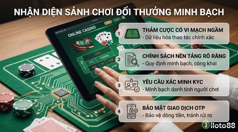 Nhận diện sảnh chơi đổi thưởng minh bạch, với thảm cược vi mạch ngầm, chính sách rõ ràng, KYC và bảo mật OTP trên tablet casino