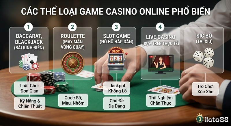 Tổng hợp các thể loại game casino online phổ biến: Baccarat, Blackjack, Roulette, Slot, Live Casino và Sic Bo cùng đặc điểm