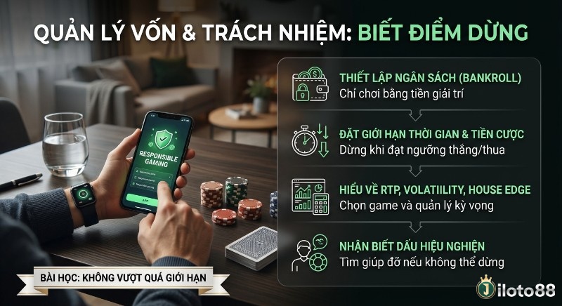 Quy trình 4 bước quản lý vốn và trách nhiệm người chơi giúp biết điểm dừng, bao gồm thiết lập ngân sách, giới hạn cược và nhận biết dấu hiệu nghiện