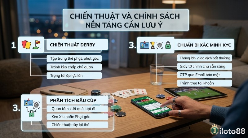 Chiến thuật và chính sách nền tảng: derby (thẻ phạt, phạt góc), đấu cúp (kết quả lượt đi), xác minh KYC (thắng lớn, giấy tờ)