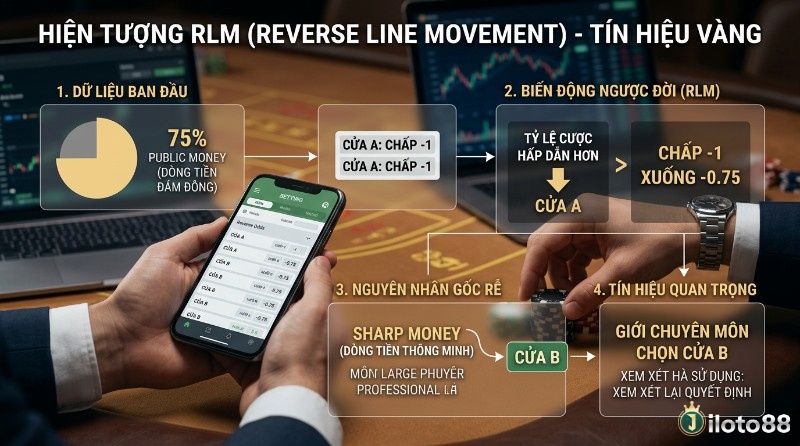 Hiện tượng RLM: 75% tiền đám đông vào cửa A nhưng tỷ lệ chấp từ -1 xuống -0.75, do dòng tiền chọn cửa B