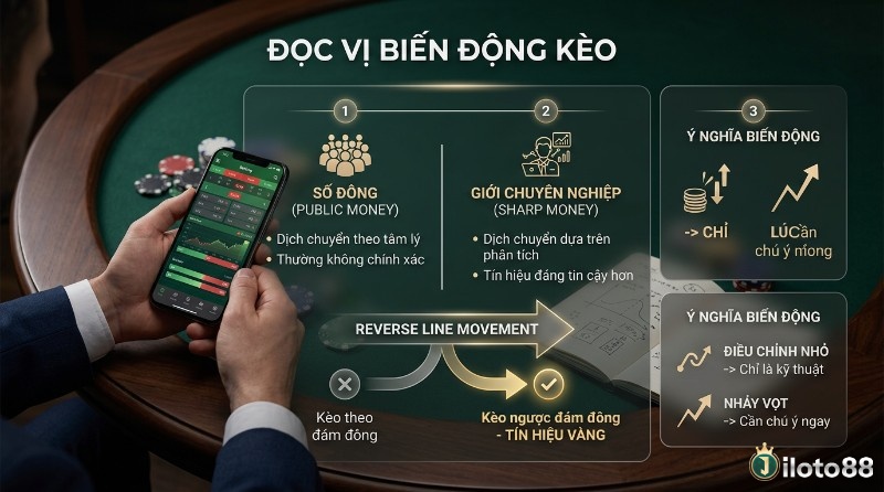 Đọc vị biến động kèo, phân biệt dòng tiền đám đông và giới chuyên nghiệp, nhận diện Reverse Line Movement là tín hiệu vàng trên điện thoại