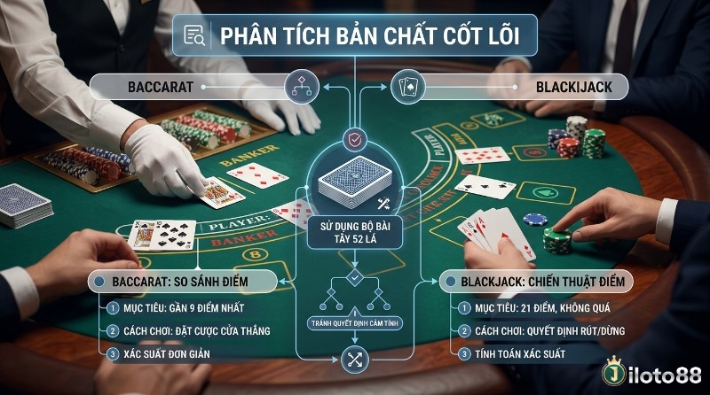 Phân tích bản chất so sánh Baccarat vs Blackjack trên bàn chơi, so sánh mục tiêu, cách chơi, xác suất dùng bộ bài 52 lá.