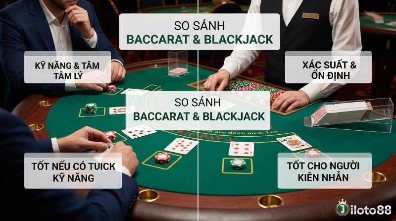 So sánh Baccarat vs Blackjack trên bàn casino, nhấn mạnh kỹ năng, tâm lý cho Blackjack và xác suất, ổn định cho Baccarat