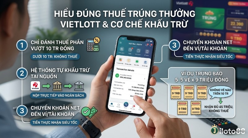 Thuế trúng thưởng Vietlott: 10% phần vượt 10 triệu đồng/vé, tự động khấu trừ. Ví dụ 5 vé 9 triệu nhận đủ 45 triệu không thuế