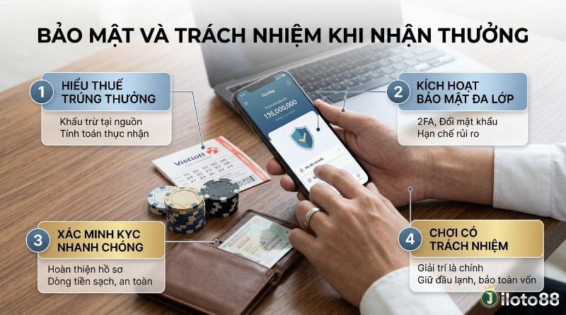 Bảo mật và trách nhiệm khi nhận thưởng: hiểu thuế Vietlott, kích hoạt bảo mật đa lớp 2FA, xác minh KYC, chơi có trách nhiệm để bảo toàn vốn