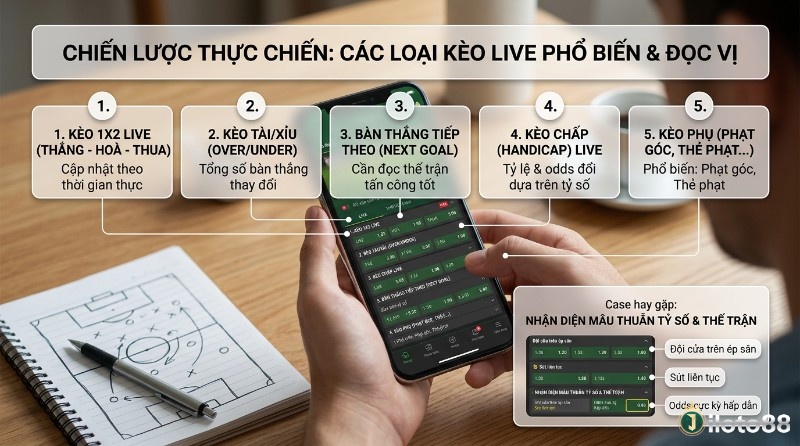 Điện thoại hiển thị các loại kèo live phổ biến, cùng chiến thuật đọc vị và nhận diện mâu thuẫn tỷ số, thế trận