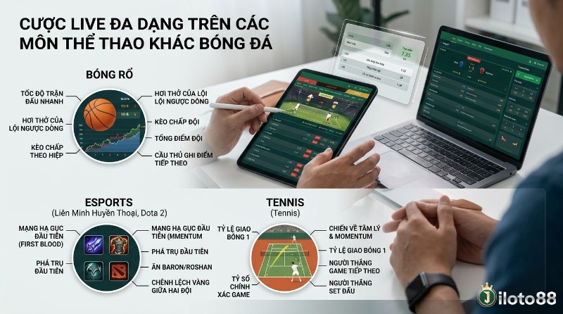 Cược live là gì đa dạng trên bóng rổ, tennis, Esports với các kèo chấp, tổng điểm, mạng hạ gục đầu tiên, tỷ số chính xác, hiển thị trên máy tính bảng và laptop