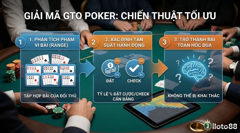 Chiến thuật GTO là gì trong poker phân tích phạm vi bài, xác định tần suất hành động cân bằng đặt cược/check 20%/5% để tối ưu lợi nhuận, không bị khai thác